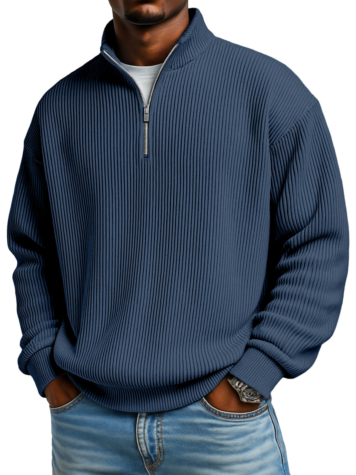 Men's Solid Color Vertical Pit Texture Stand Collar Zipper Long Sleeve Sweater