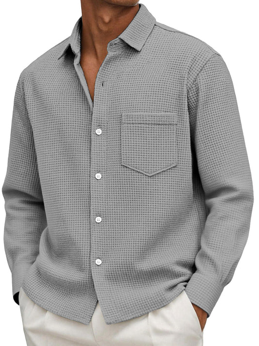 Men's Casual Solid Color Waffle Long Sleeve Shirt With Pockets