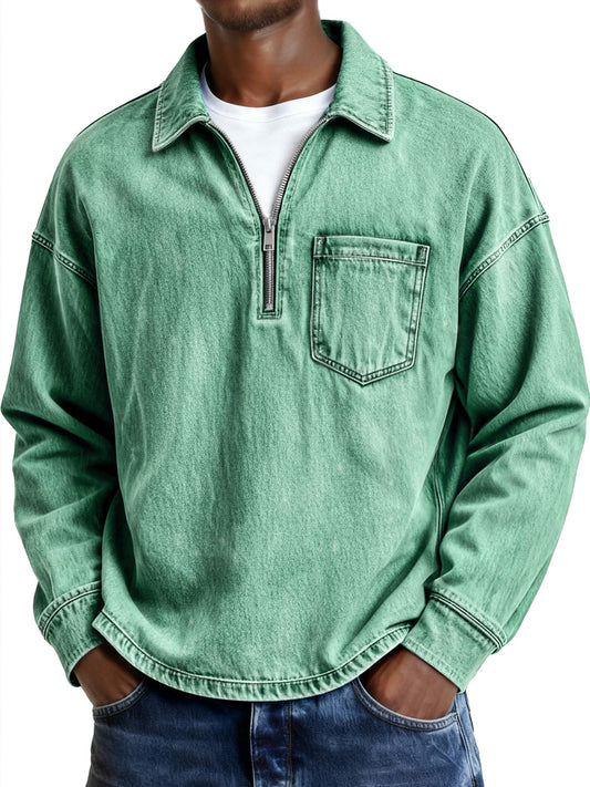 Men's Retro Lapel Zipper Casual Pocket Long-Sleeve Polo Shirt