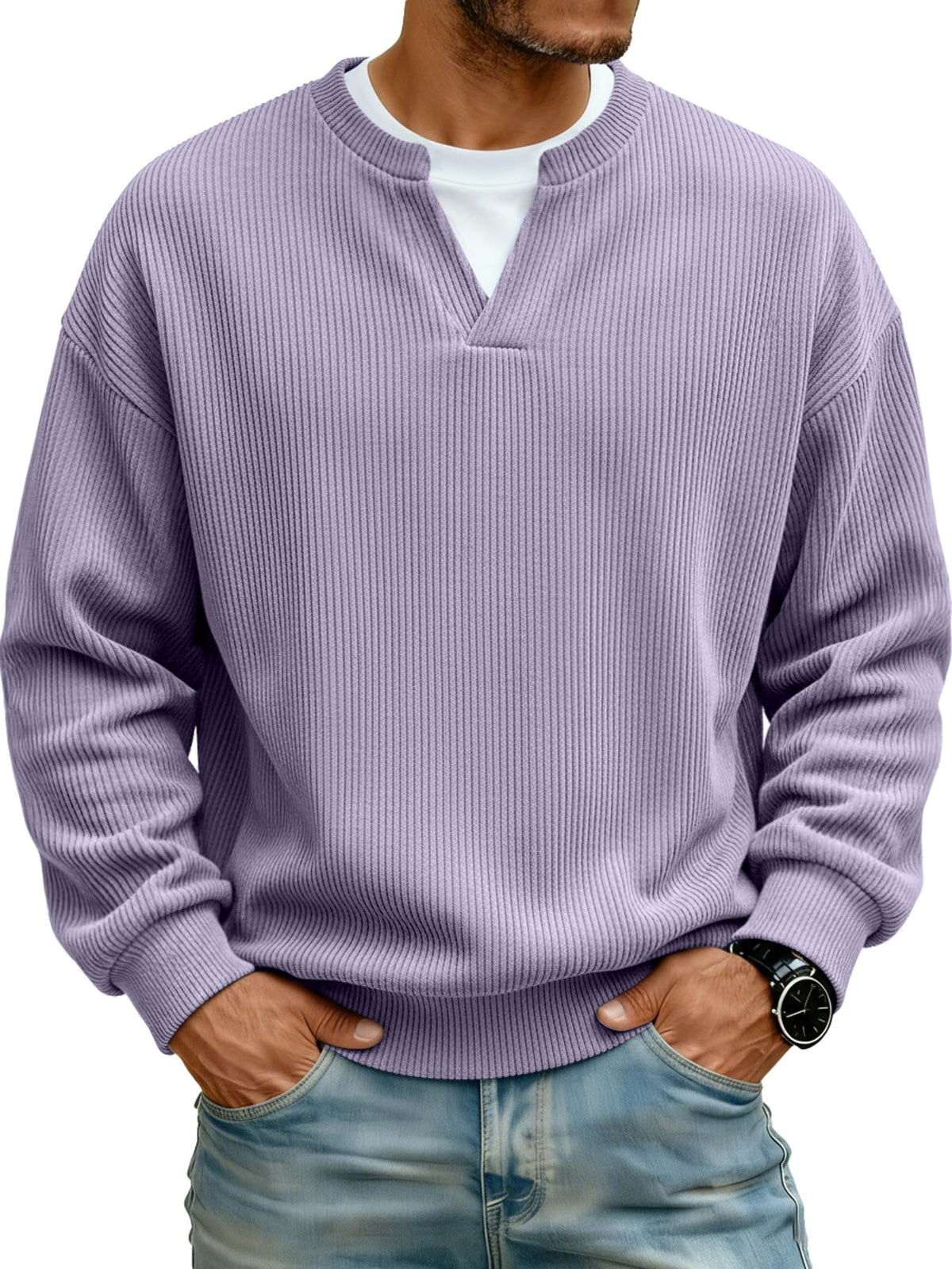 Men's Ribbed V-neck Faux Two-Piece Casual Long-Sleeve T-Shirt