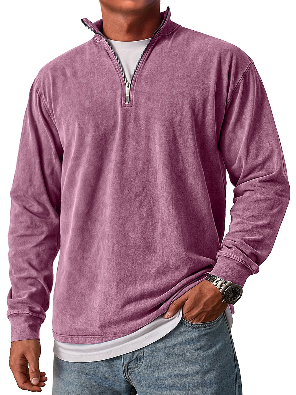 Men's Retro Stand Collar Zipper Casual Loose Solid Color Long Sleeve T-shirt