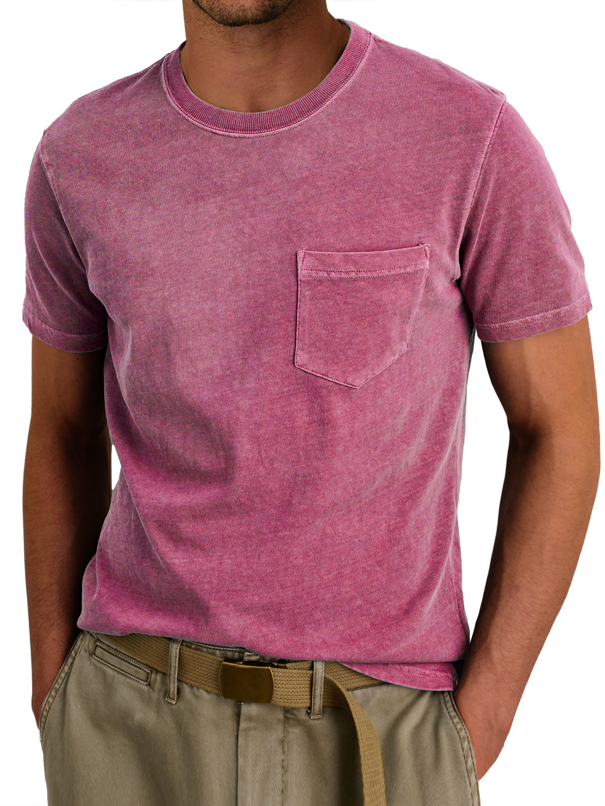 Men's Retro Round Neck Casual Pocket Solid Color Short Sleeve T-Shirt