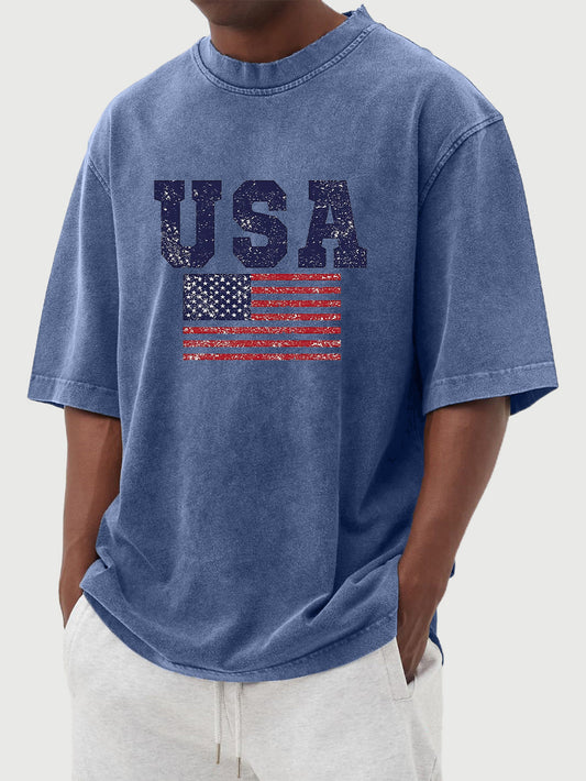 Men's vintage washed USA flag printed short sleeve T-shirt