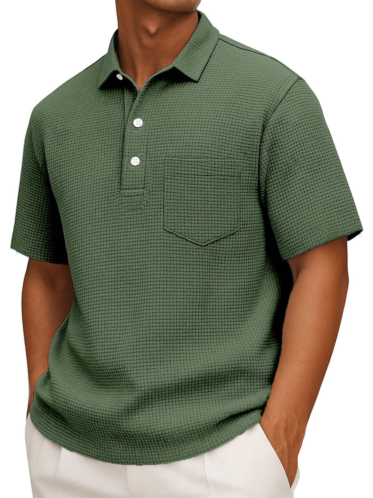 Men's Casual Solid Color Waffleck Short Sleeve Polo Shirt