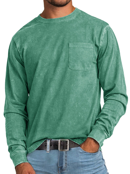 Men's Retro Casual Round Neck Pocket Solid Color Long Sleeve T-Shirt