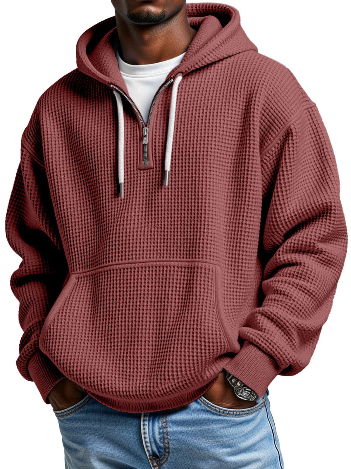 Men's Casual Solid Color Waffle Zipper Long Sleeve Hooded Sweatshirt