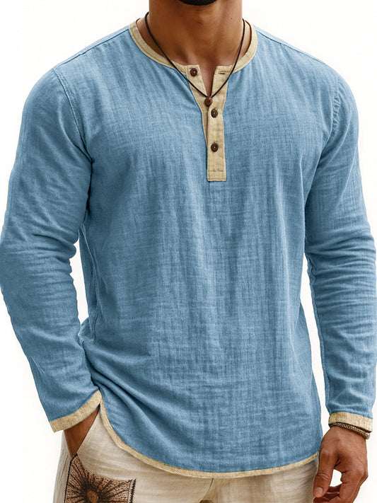 Men's Breathable Linen Vintage Contrast Casual Henley Shirt