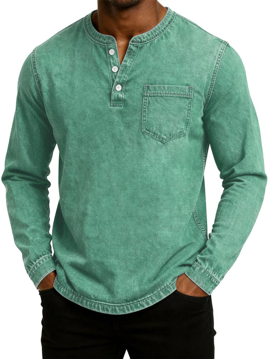 Men's Retro Fashion Washed Distressed Henley Collar Long Sleeve T-Shirt