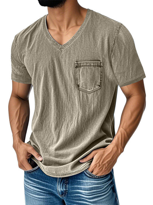 Men's Washed And Distressed Retro V-neck Pocket Casual Short-sleeved T-shirt