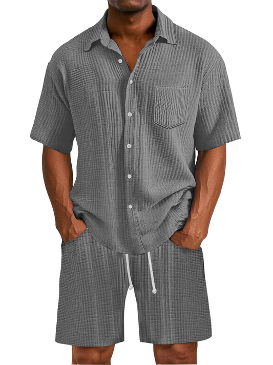 Men's Daily Wrinkled Texture Pocket Shirt Shorts Set