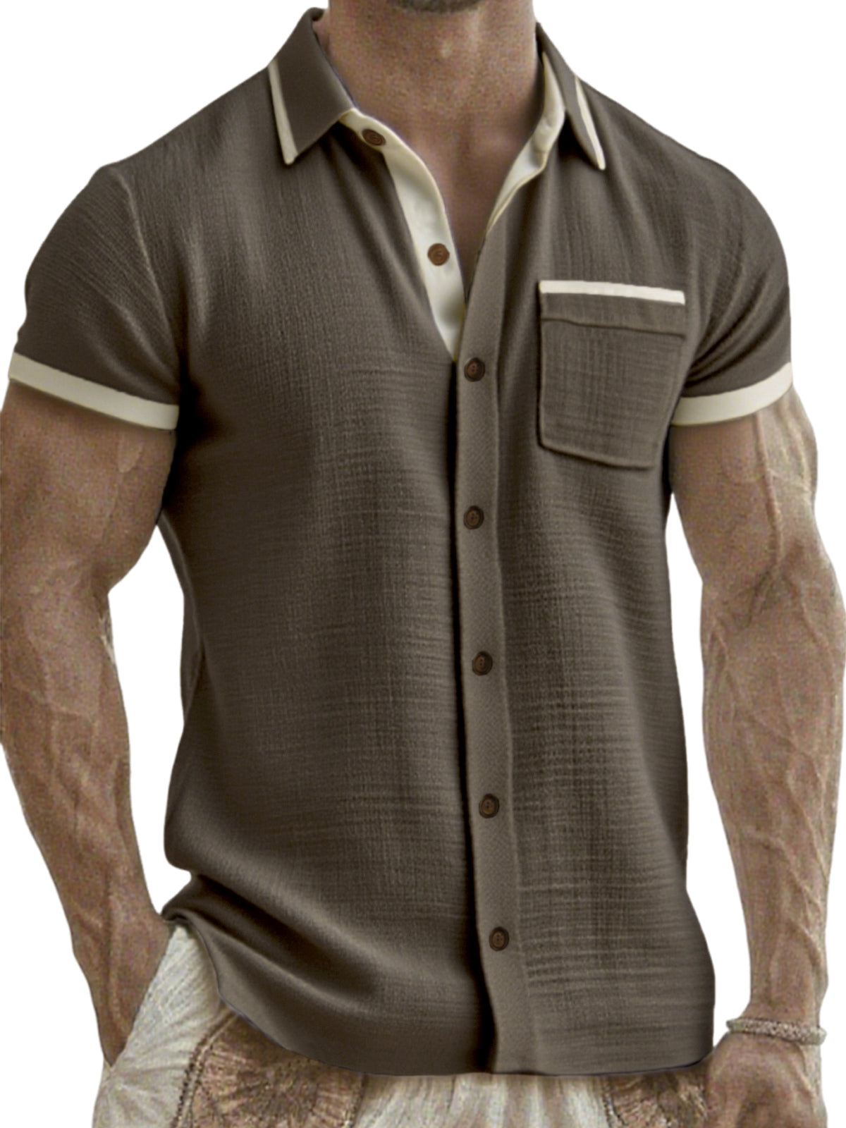 Men's Breathable Linen Colorblock Casual Short Sleeve Shirt with Chest Pocket