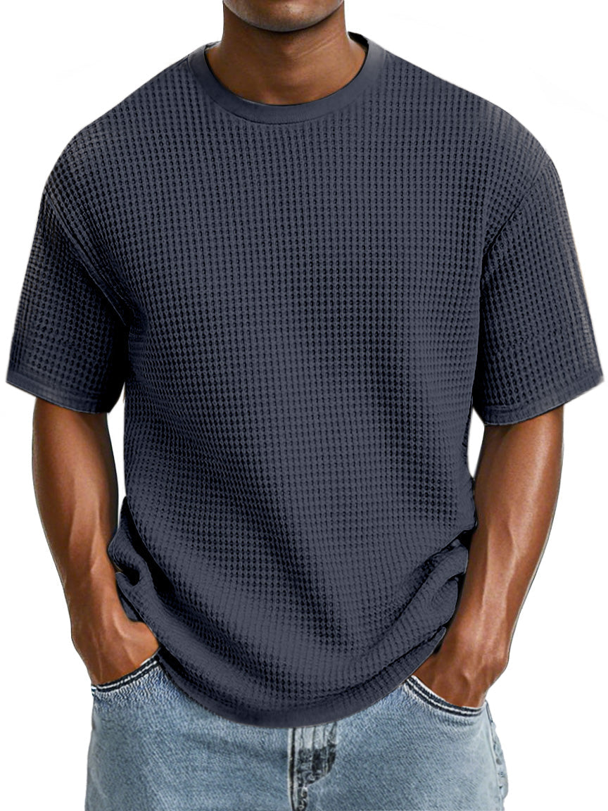 Men's Casual Simple Cotton Waffle Round Neck Short Sleeve T-Shirt