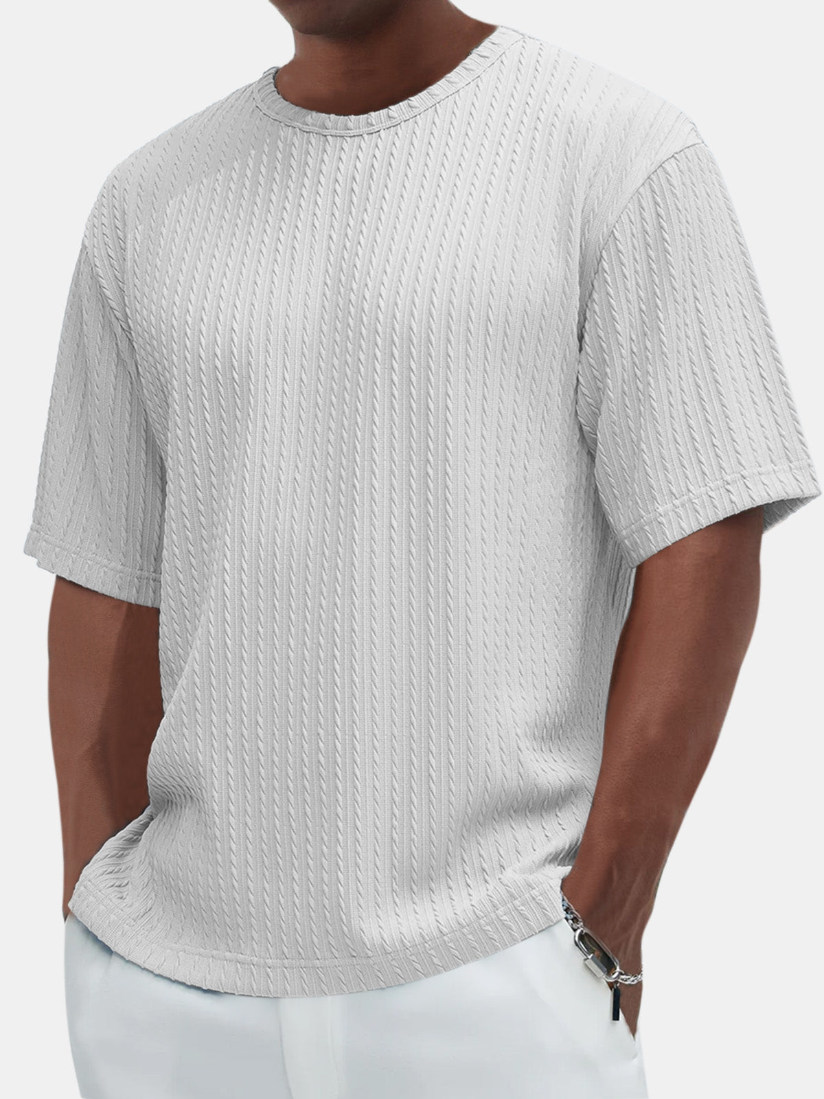 Men's Cotton Casual Basic Jacquard Texture Short-sleeved T-shirt