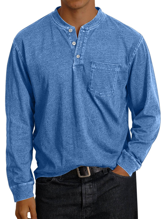 Men's Vintage Solid Color Pocket Button Henley Shirt