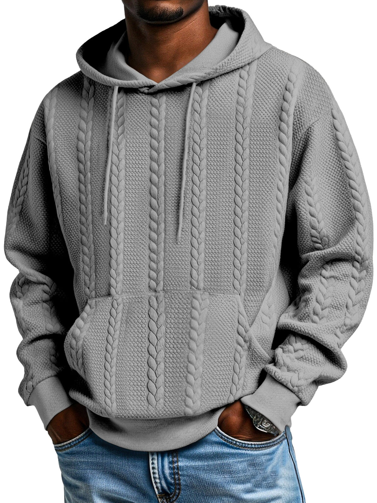 Men's Solid Color Jacquard Texture Kangaroo Pocket Long Sleeve Hooded Sweatshirt