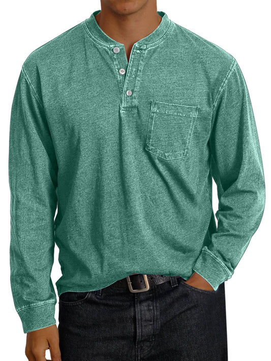 Men's Vintage Solid Color Pocket Button Henley Shirt