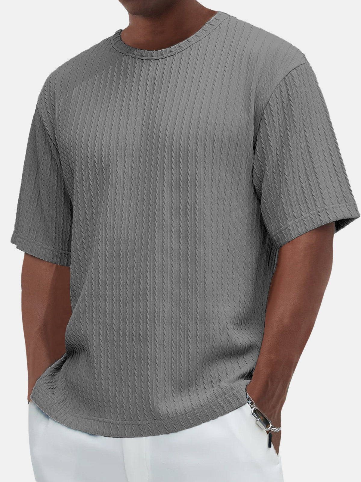 Men's Cotton Casual Basic Jacquard Texture Short-sleeved T-shirt