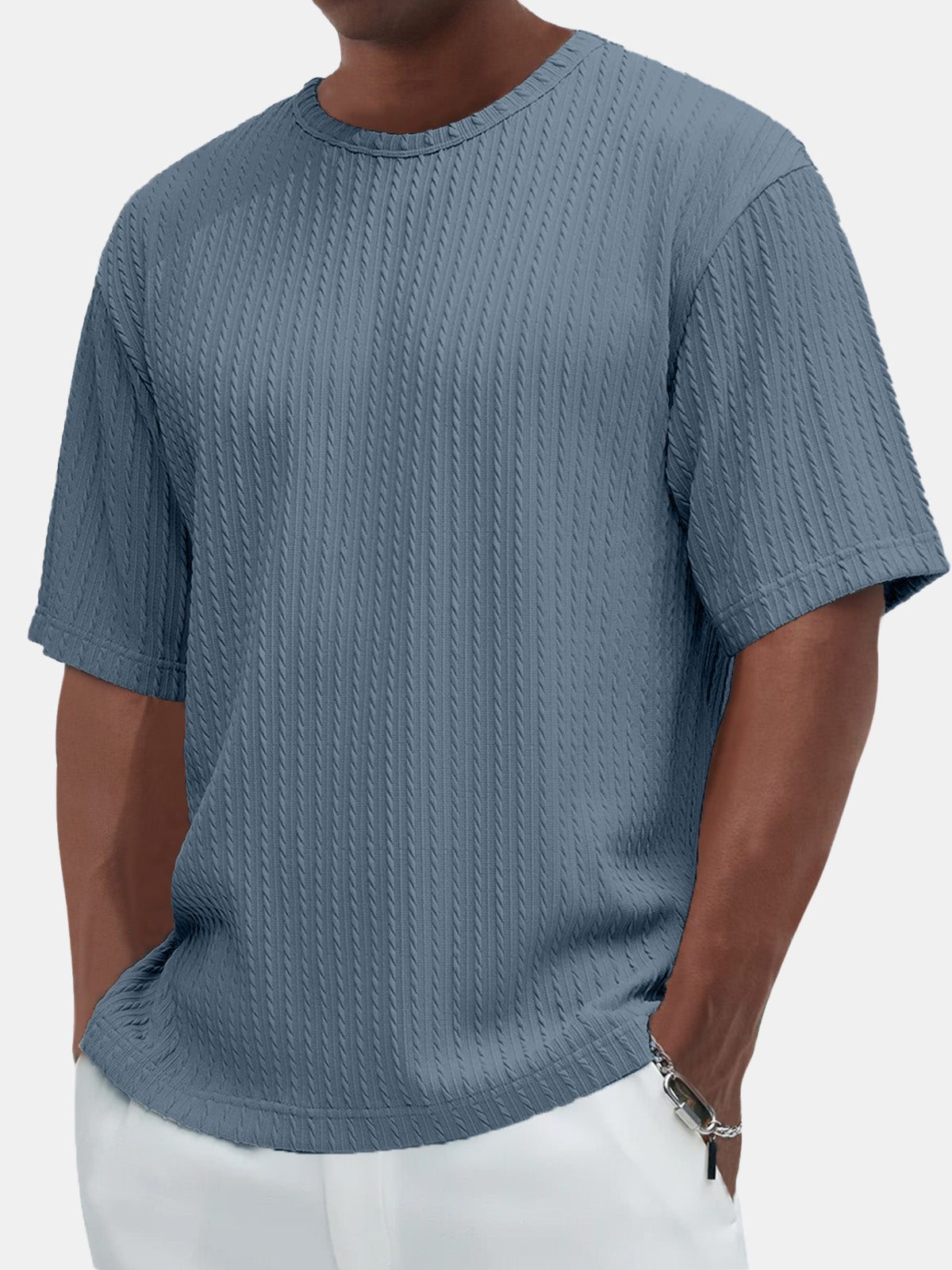 Men's Cotton Casual Basic Jacquard Texture Short-sleeved T-shirt