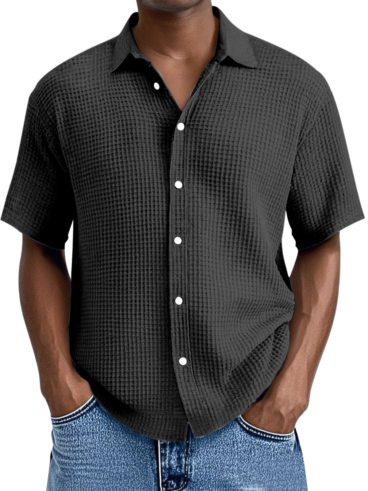 Men's Everyday Loose Waffle Textured Lapel Button-down Short Sleeve Shirt