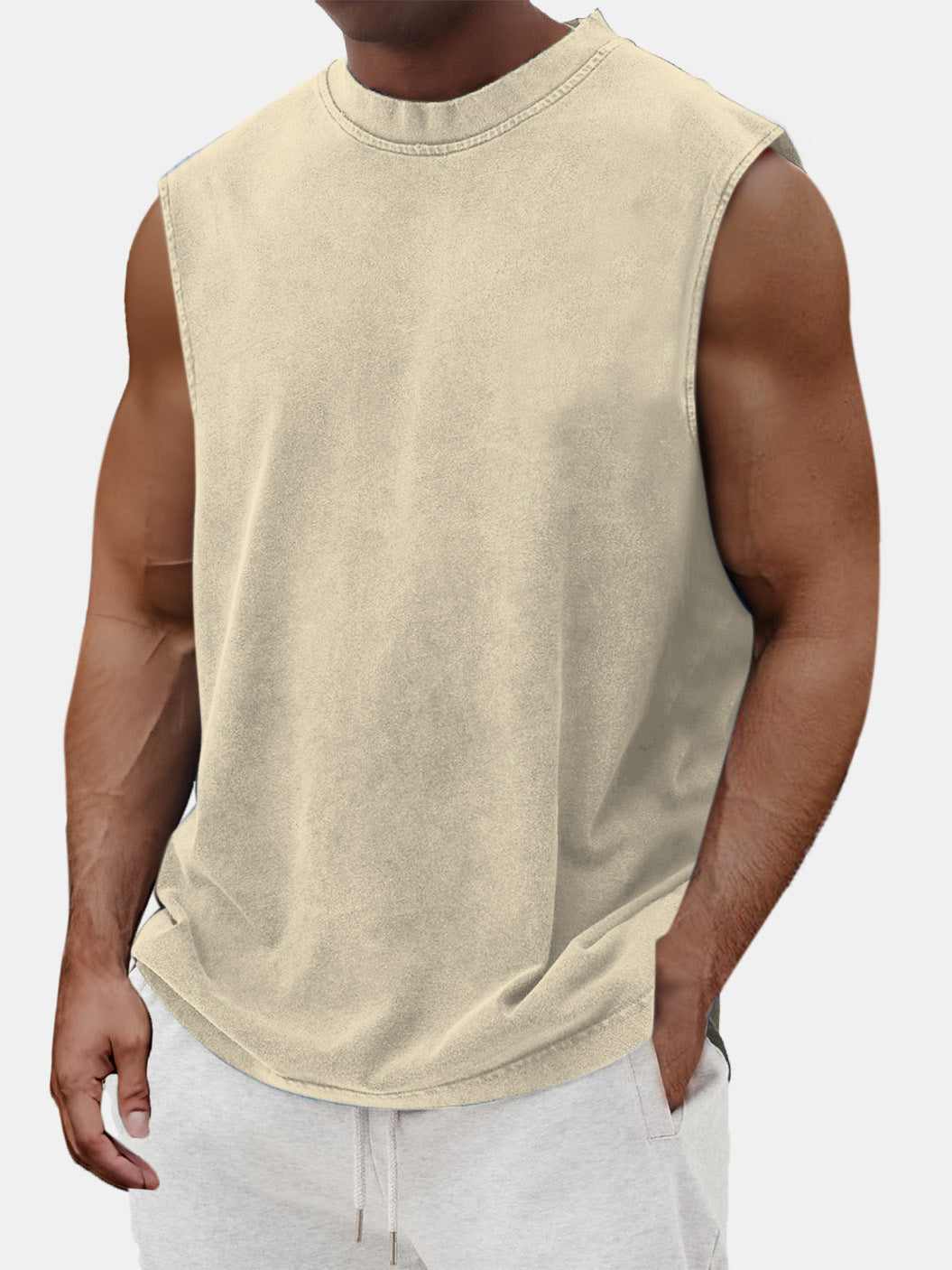 Men's Cotton Basic Washed Distressed Round Neck Sleeveless T-shirt