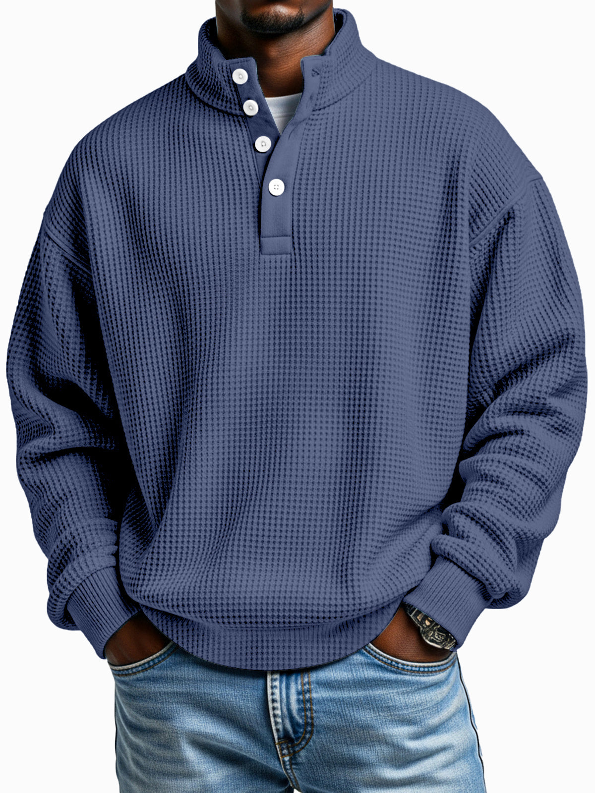 Daily simple casual solid color waffle texture four-button stand collar long sleeve sweatshirt