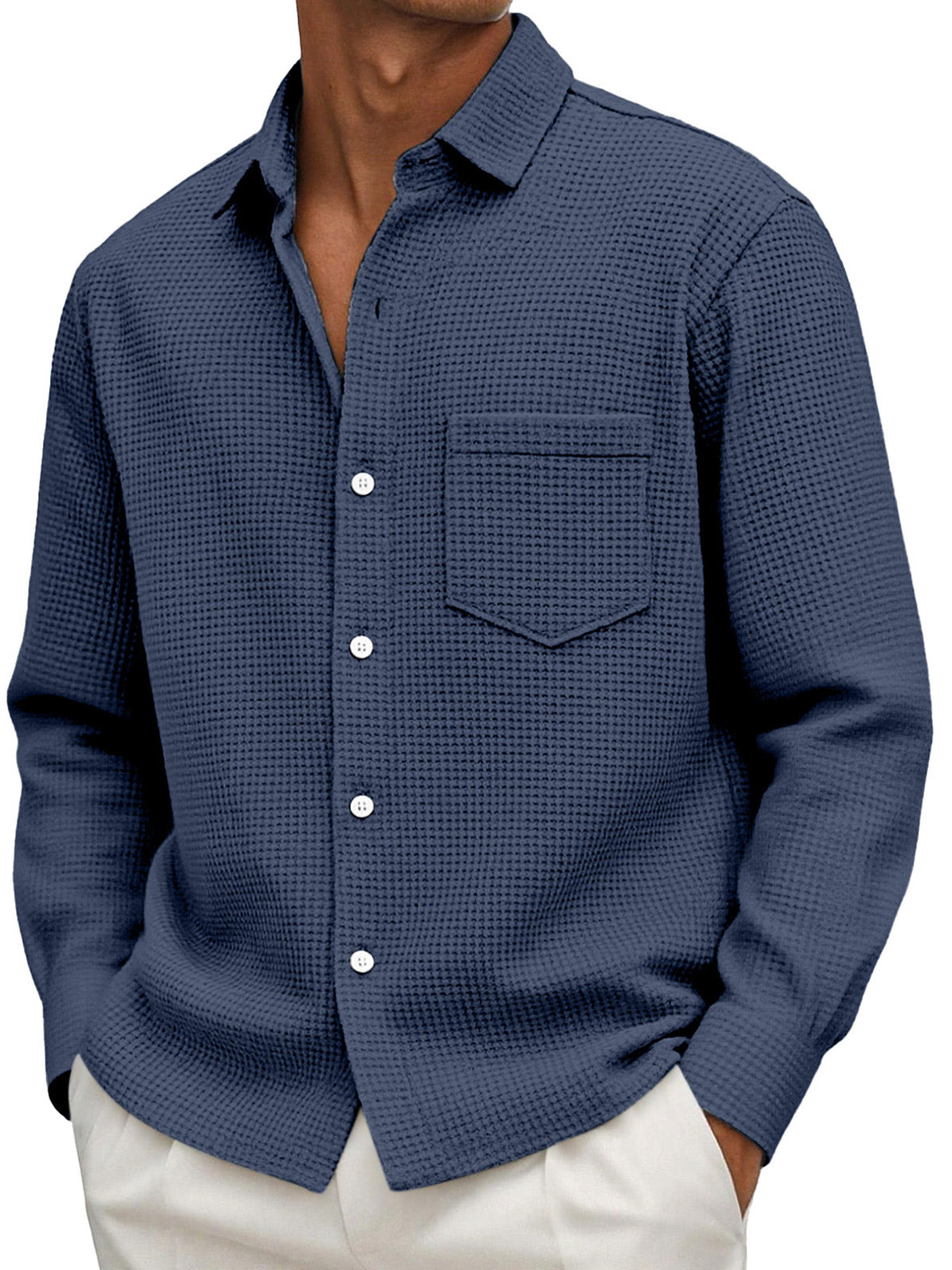 Men's Casual Solid Color Waffle Long Sleeve Shirt With Pockets