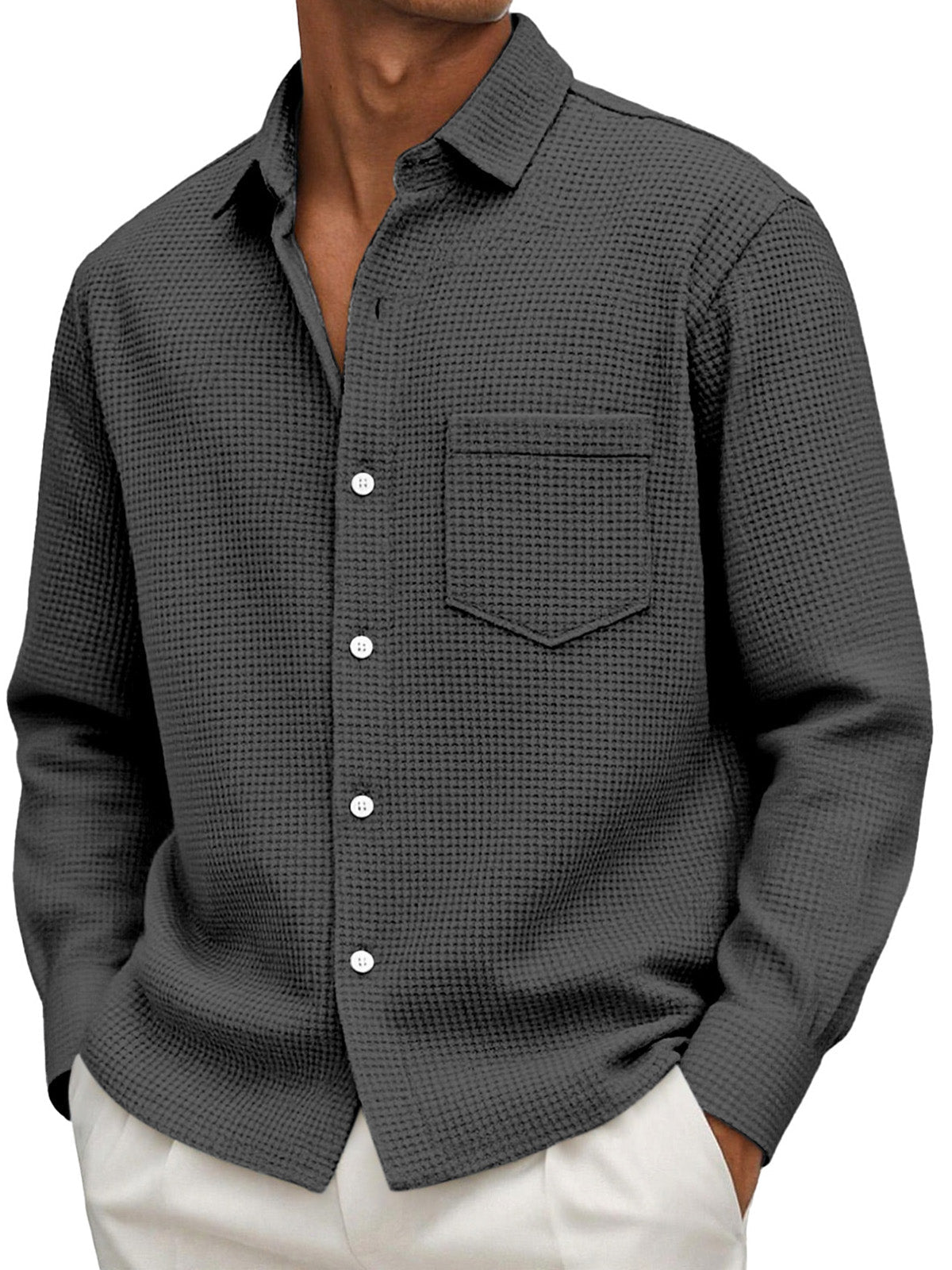 Men's Casual Solid Color Waffle Long Sleeve Shirt With Pockets