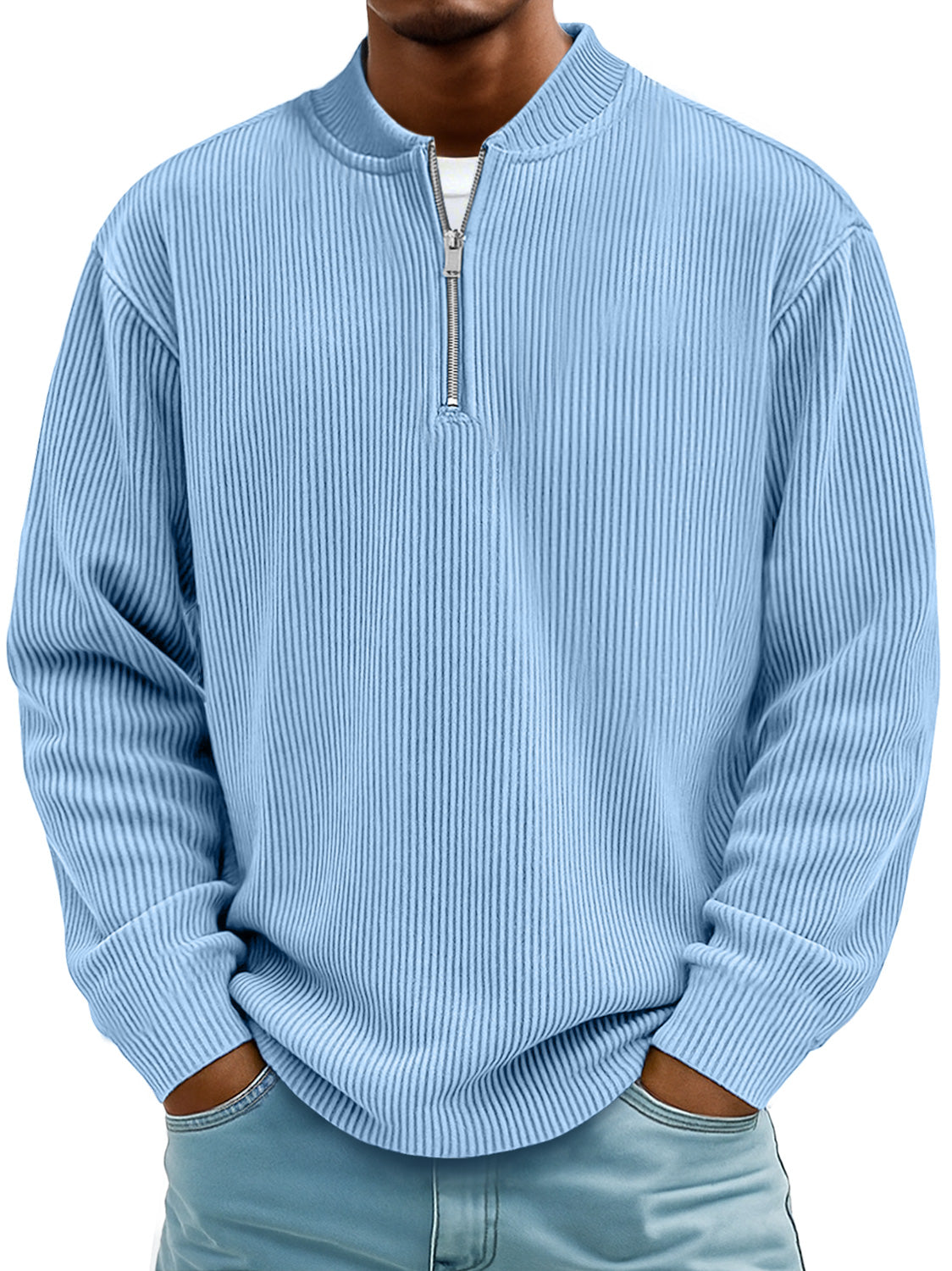 Men's Daily Striped Baseball Collar Zipper Casual Long Sleeve T-shirt