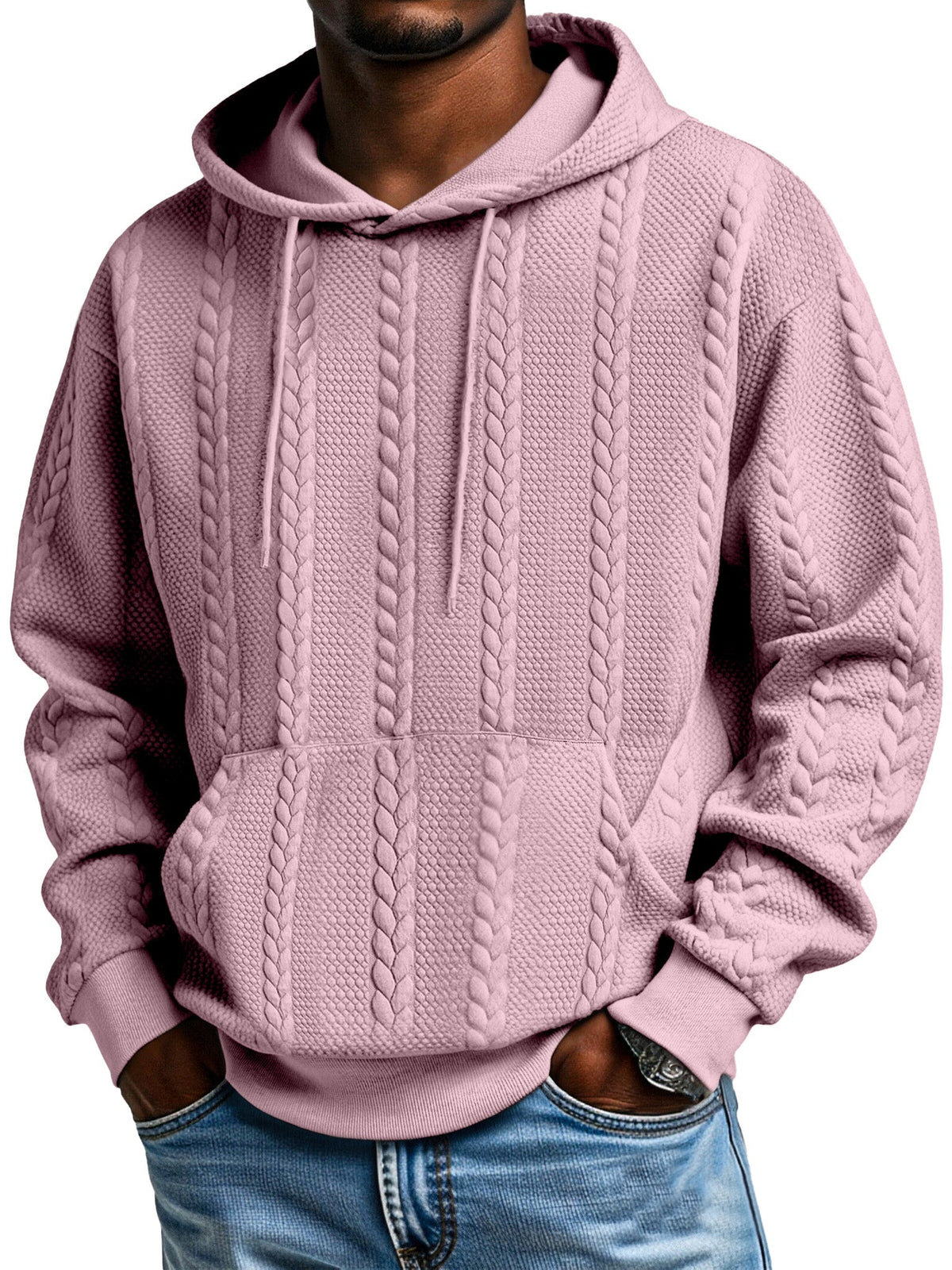 Men's Solid Color Jacquard Texture Kangaroo Pocket Long Sleeve Hooded Sweatshirt