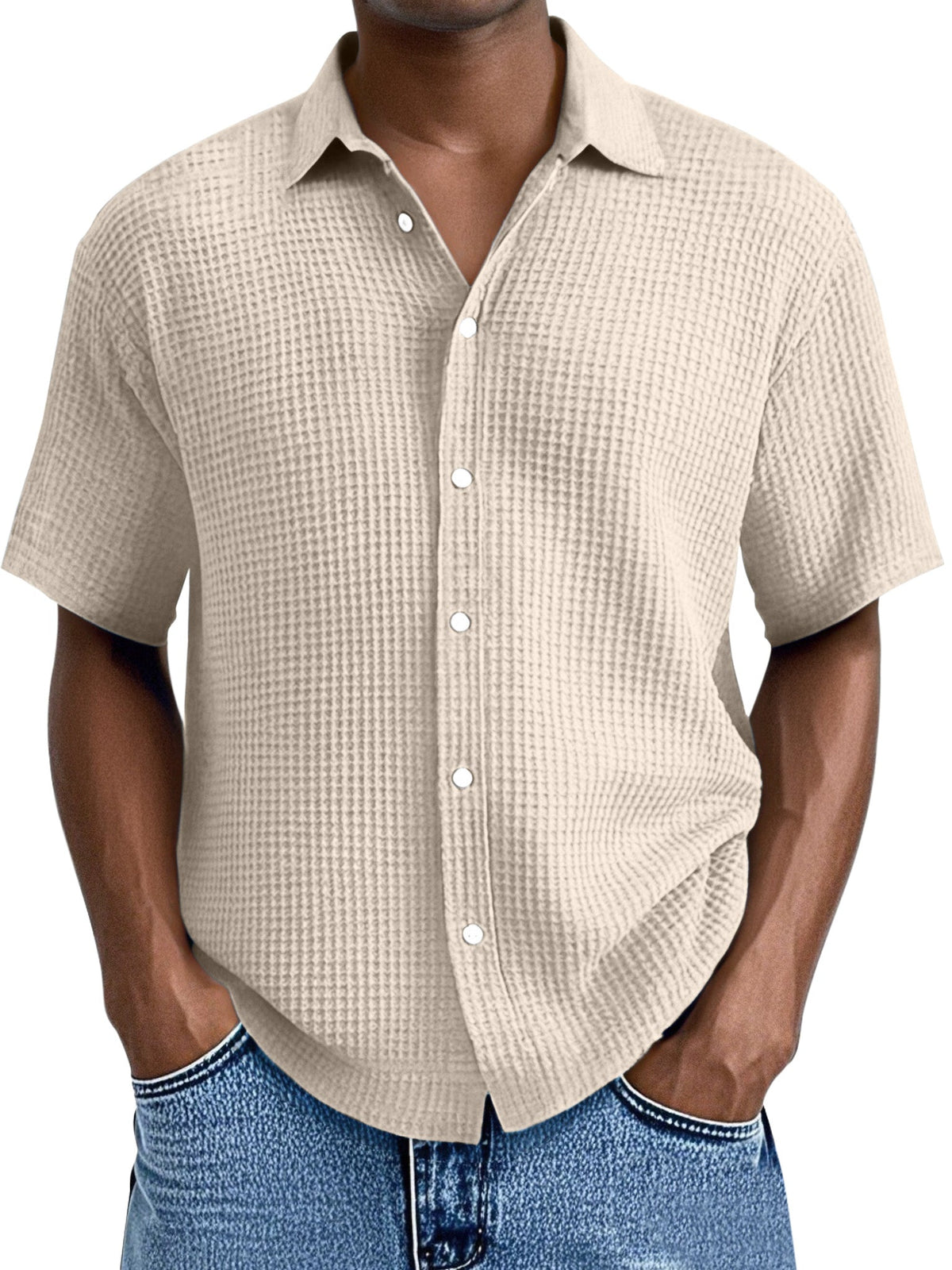 Men's Everyday Loose Waffle Textured Lapel Button-down Short Sleeve Shirt