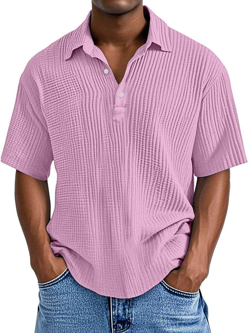 Men's Simple Daily Loose Pleated Texture Short Sleeve Lapel Polo Shirt