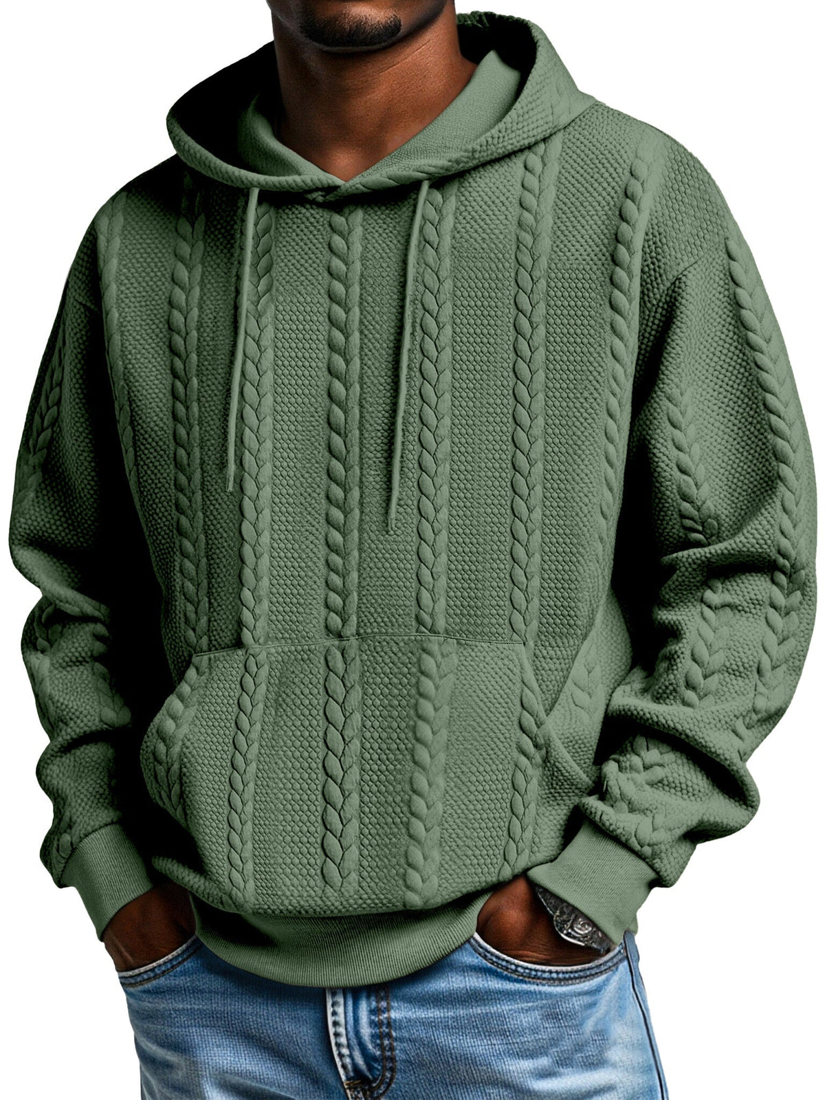 Men's Solid Color Jacquard Texture Kangaroo Pocket Long Sleeve Hooded Sweatshirt