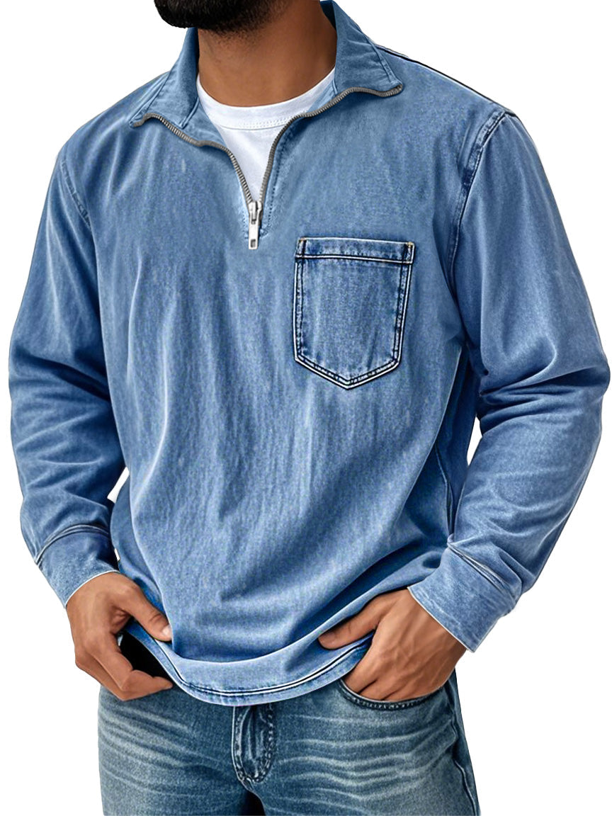 Men's Retro Casual Stand Up Collar Zipper Pocket Distressed Long Sleeved T-shirt