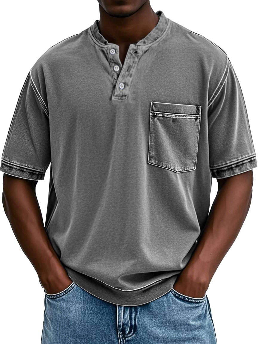 Men's Fashion Retro Round Neck Pocket Short Sleeve Henley Shirt