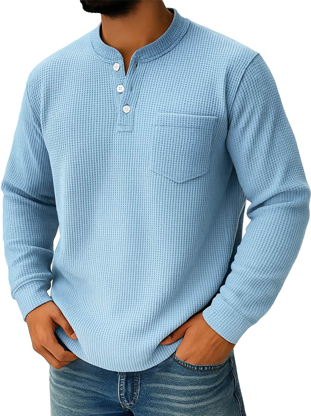 Men's Everyday Waffle Collar Button-Down Casual Long Sleeve Henley