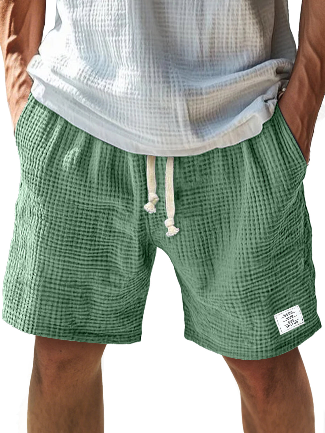 Men's Everyday Texture Embroidered Logo Elastic Waist Drawstring Comfort Shorts