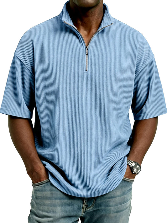 Men's Simple Corduroy Stand-collar Zip-up Casual Short-sleeved T-shirt