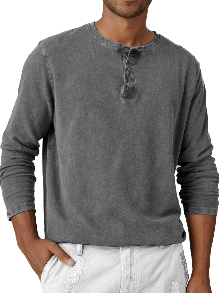 Men's Fashion Retro Distressed Round Neck Long Sleeve Henley Shirt