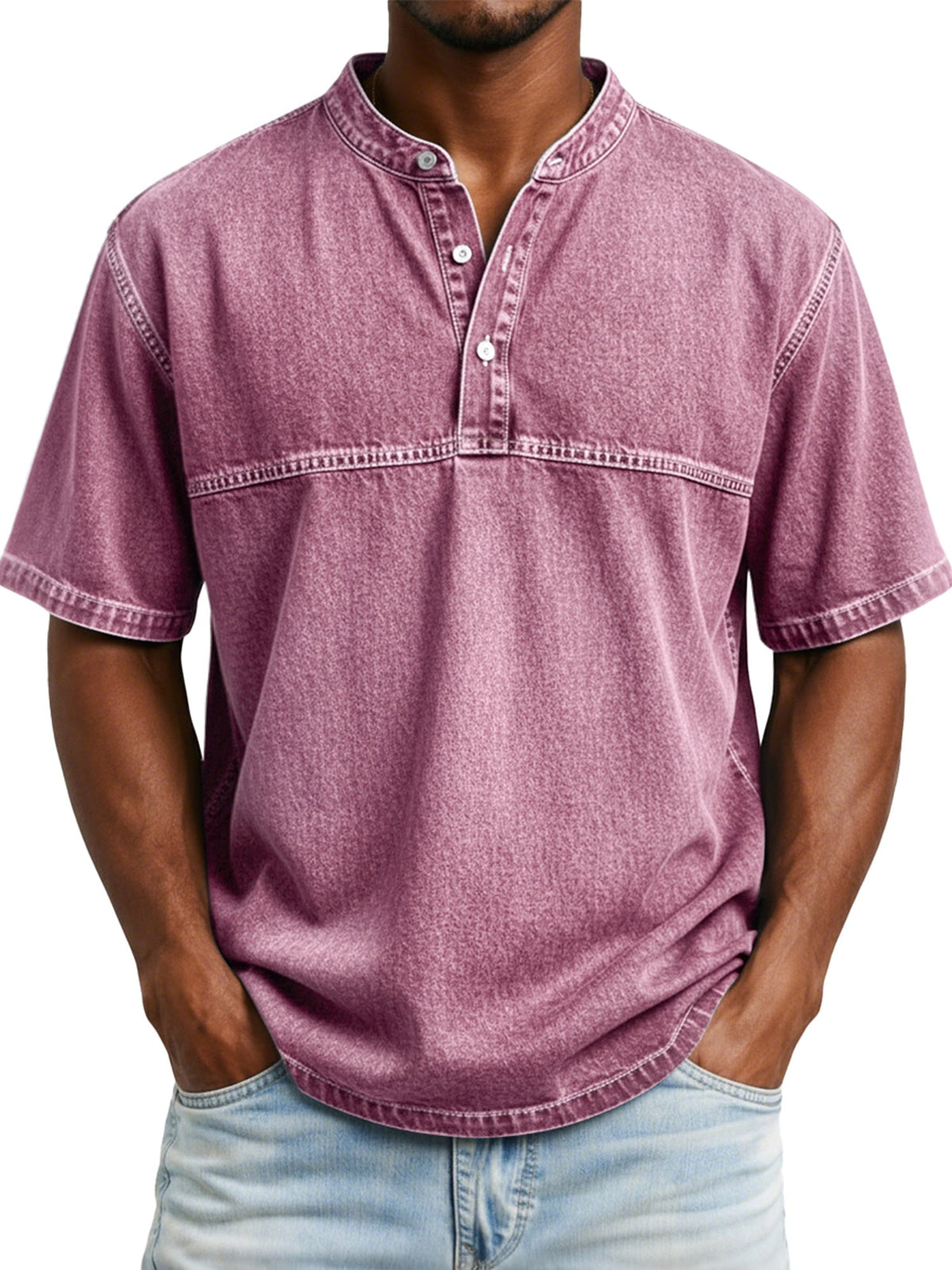 Men's Vintage-style Short-sleeved Henley Shirt With Contrasting Stitching Design
