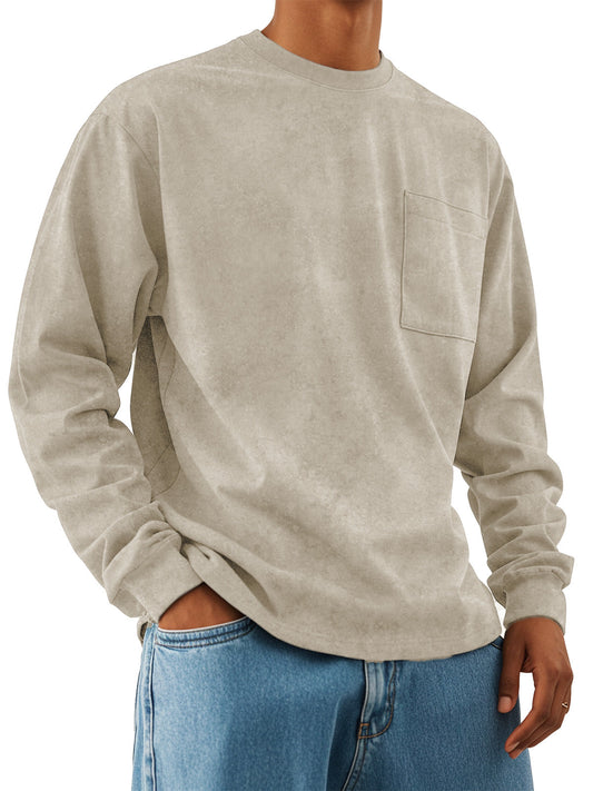 Men's Fashion Retro Casual Round Neck Pocket Long Sleeve T-shirt