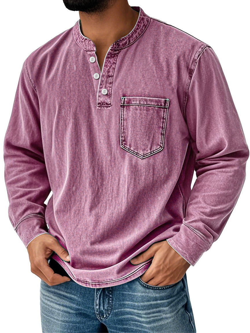 Men's Retro Stand Collar Pocket Casual Distressed Long Sleeve Henley Shirt