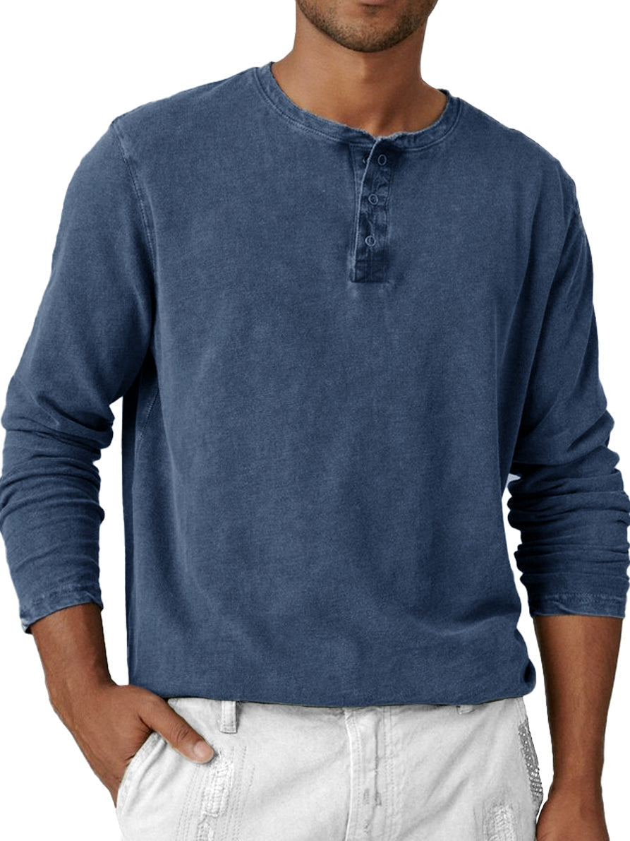 Men's Fashion Retro Distressed Round Neck Long Sleeve Henley Shirt