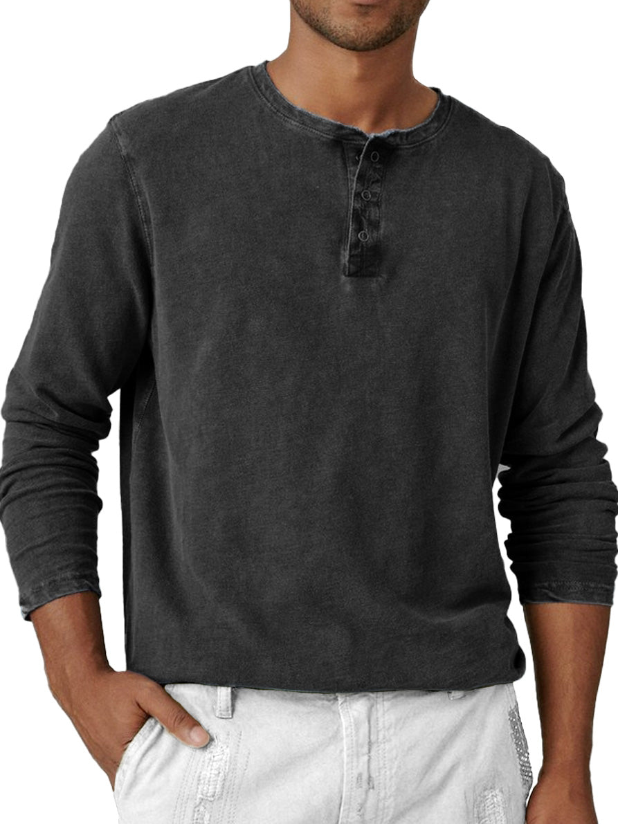 Men's Fashion Retro Distressed Round Neck Long Sleeve Henley Shirt