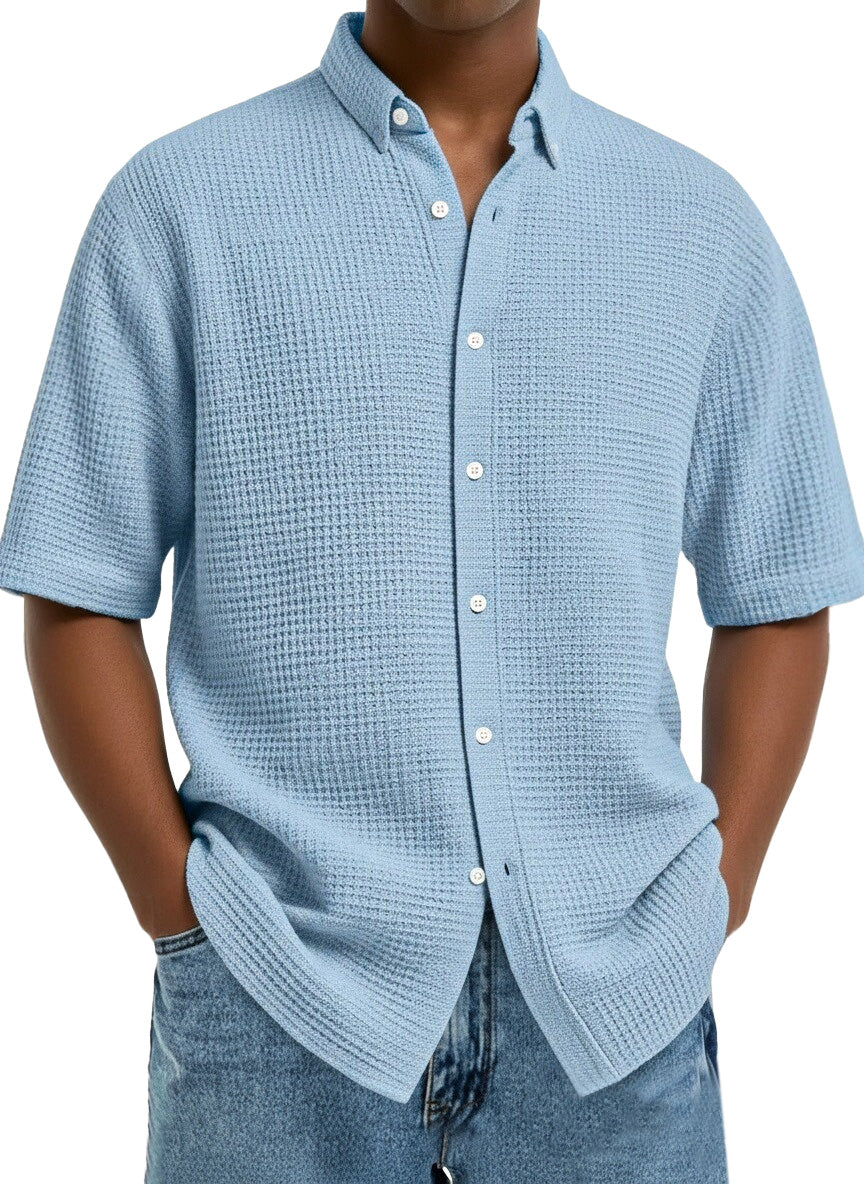 Men's Casual Simple Solid Color Waffle Short Sleeve Shirt