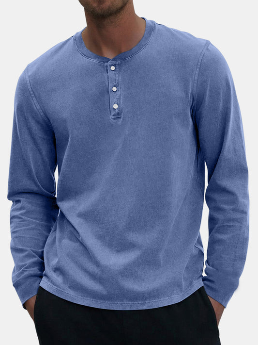 Men's Vintage Distressed Casual Button Down Long Sleeve Henley Shirt