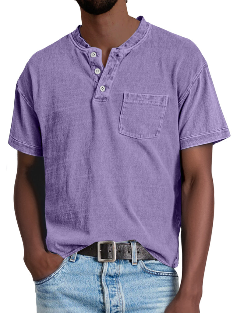Men's Retro Casual Solid Color Pocket Short Sleeve Henley Shirt