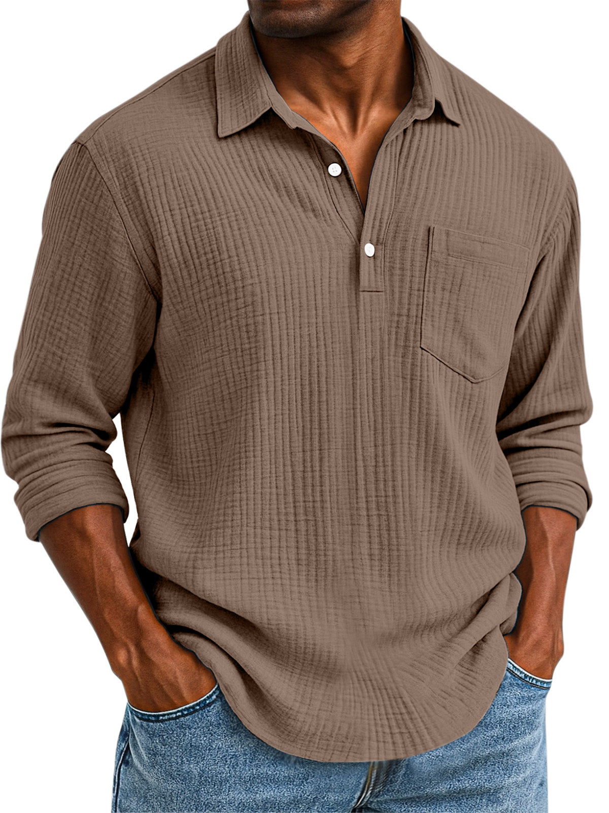 Men's Daily Casual Solid Color Textured Button Long Sleeve Polo Shirt