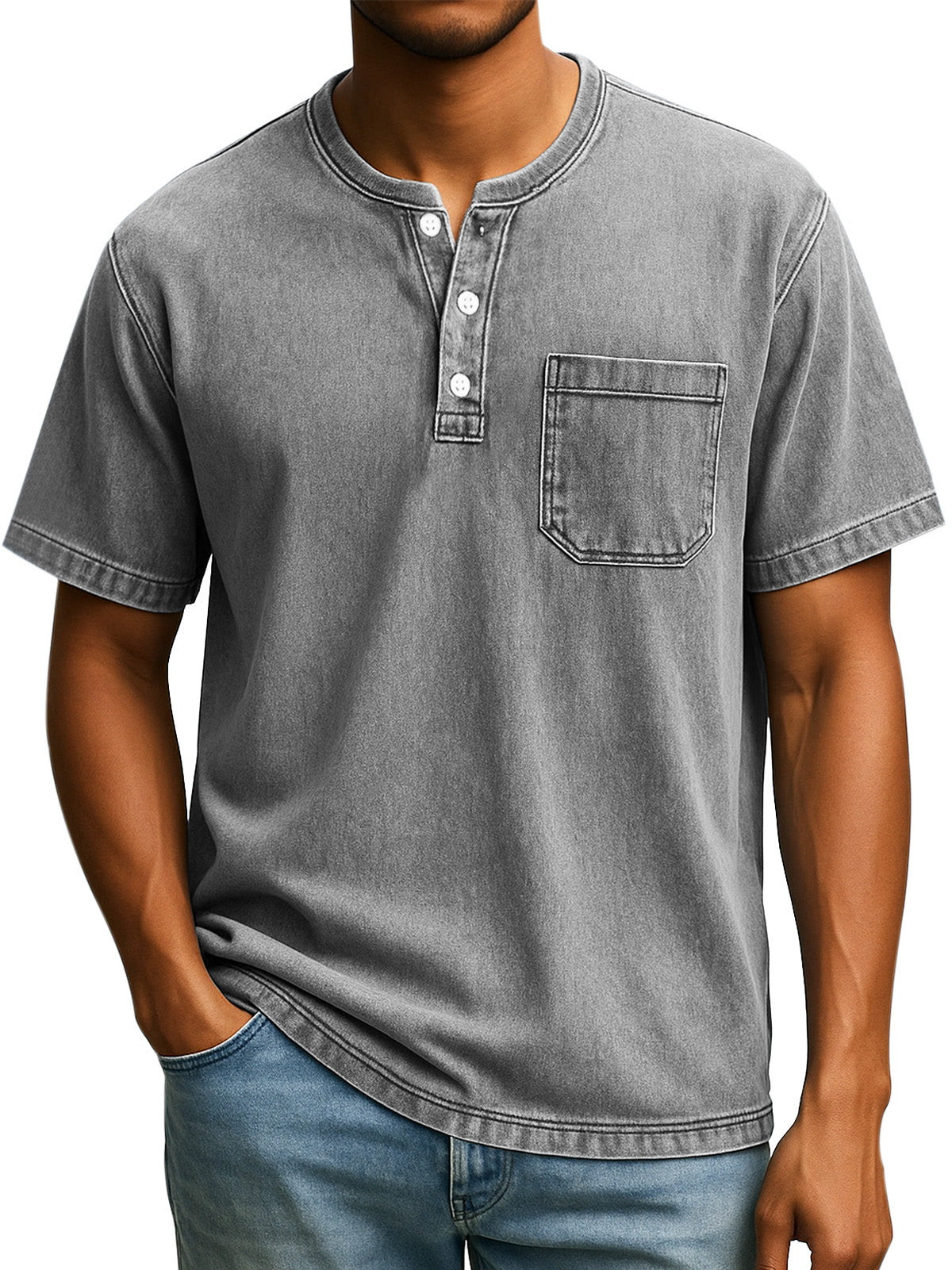 Men's Retro Casual Simple Solid Color Button Short Sleeve Henley Shirt