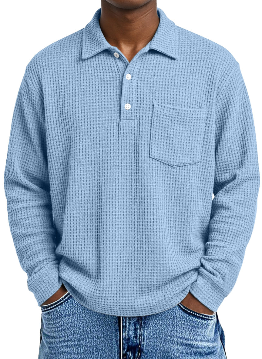 Men's Loose Simple Solid Color Waffle Long Sleeve Lapel Polo Shirt