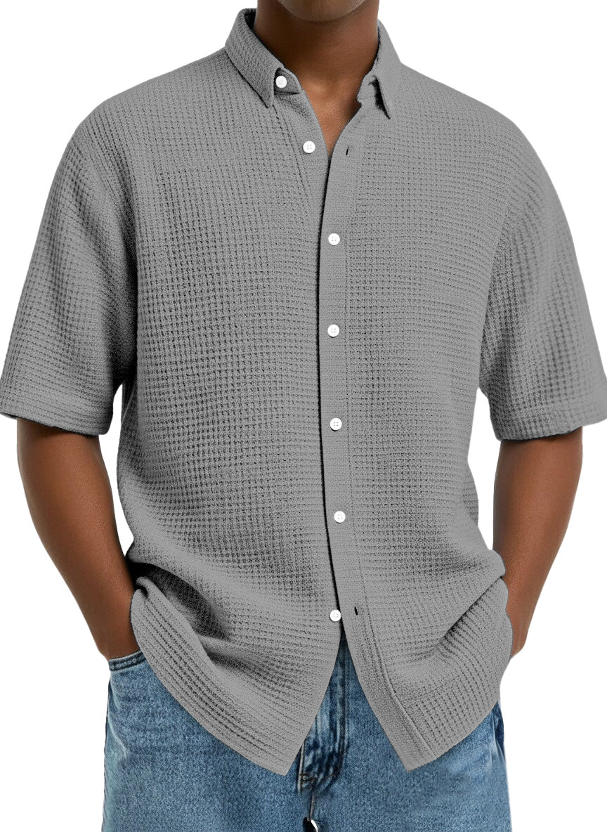 Men's Casual Simple Solid Color Waffle Short Sleeve Shirt